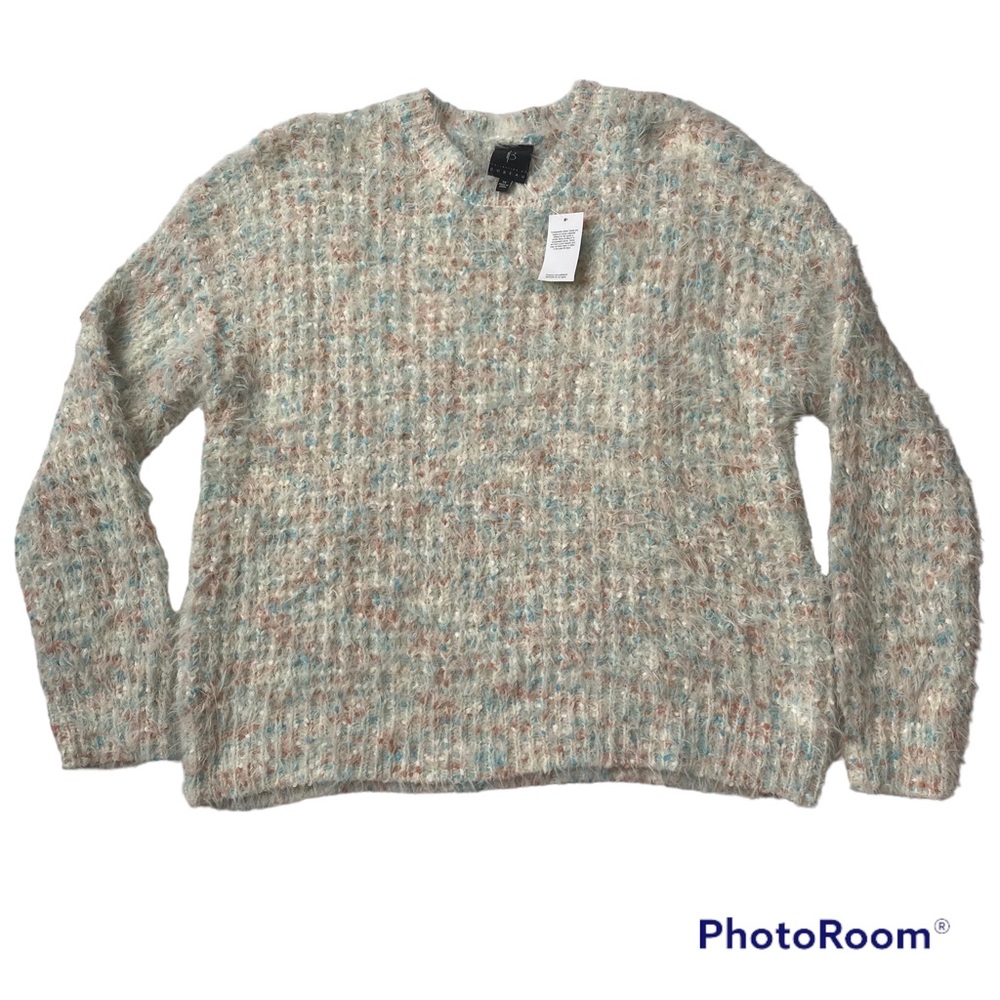 Collection by Bobeau Patterned colorful rainbow fluffy soft cream sweater